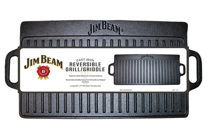 Jim Beam® cast iron reversible grill/griddle, featuring ridged surface, with handles on both ends. It includes a white label with product details.