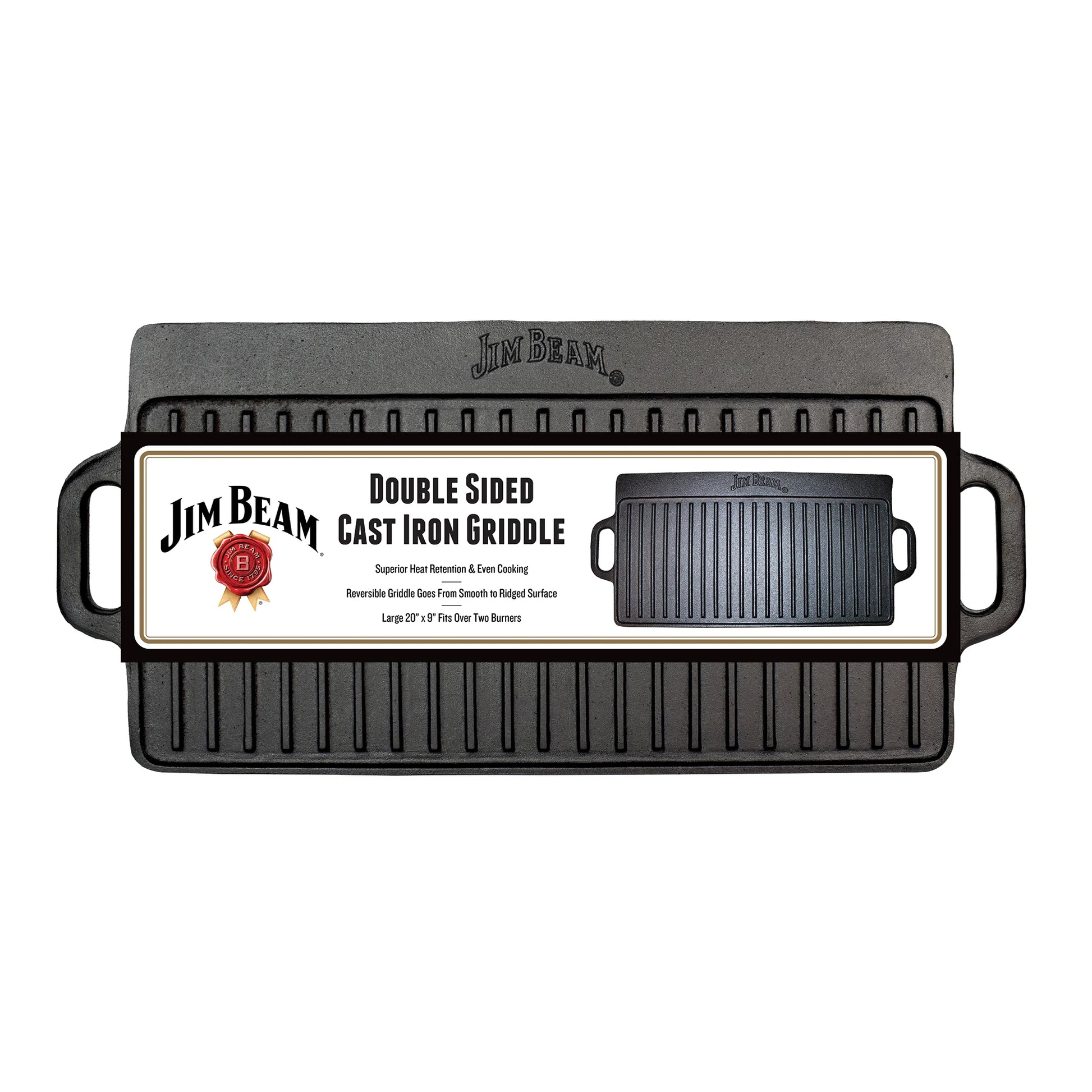 The Jim Beam Cast Iron Reversible Grill/Griddle, shown in packaging, features handles, a 17 x 9.5 inch size, superior heat retention, and a double-sided design for versatile stovetop cooking.