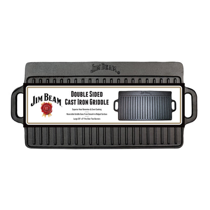 The Jim Beam Cast Iron Reversible Grill/Griddle, shown in packaging, features handles, a 17 x 9.5 inch size, superior heat retention, and a double-sided design for versatile stovetop cooking.