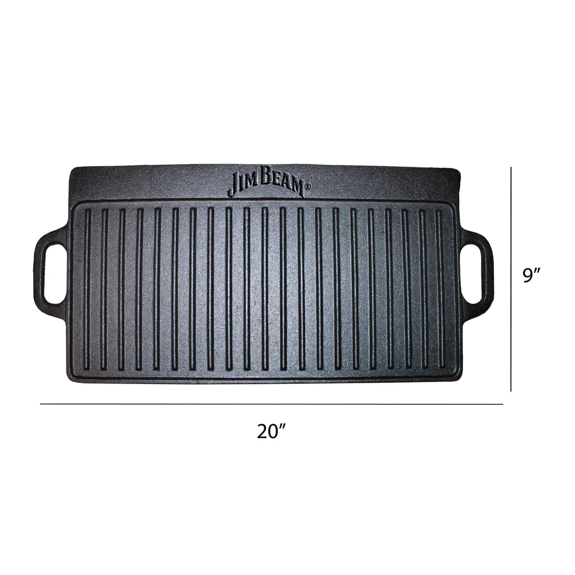 The Jim Beam Cast Iron Reversible Grill/Griddle is a rectangular black pan with side handles, measuring 20 x 9. It features raised ridges for stovetop use and has “Jim Beam” embossed on the top edge.