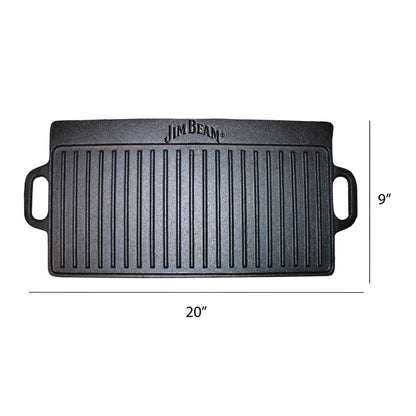 The Jim Beam Cast Iron Reversible Grill/Griddle is a rectangular black pan with side handles, measuring 20 x 9. It features raised ridges for stovetop use and has “Jim Beam” embossed on the top edge.