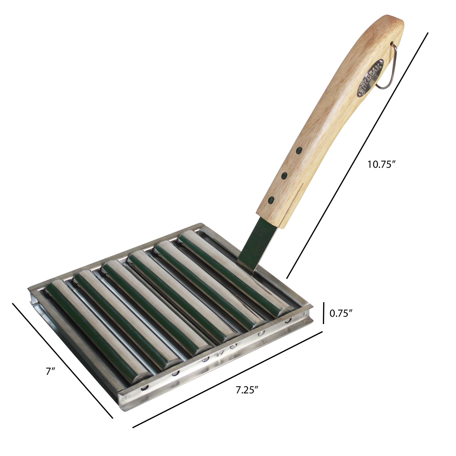 Jim Beam® stainless-steel grill hotdog roller with detachable wooden handle, featuring measurements indicating a 7.25-inch length, 7-inch width, 0.75-inch height, and 10.75-inch handle length.