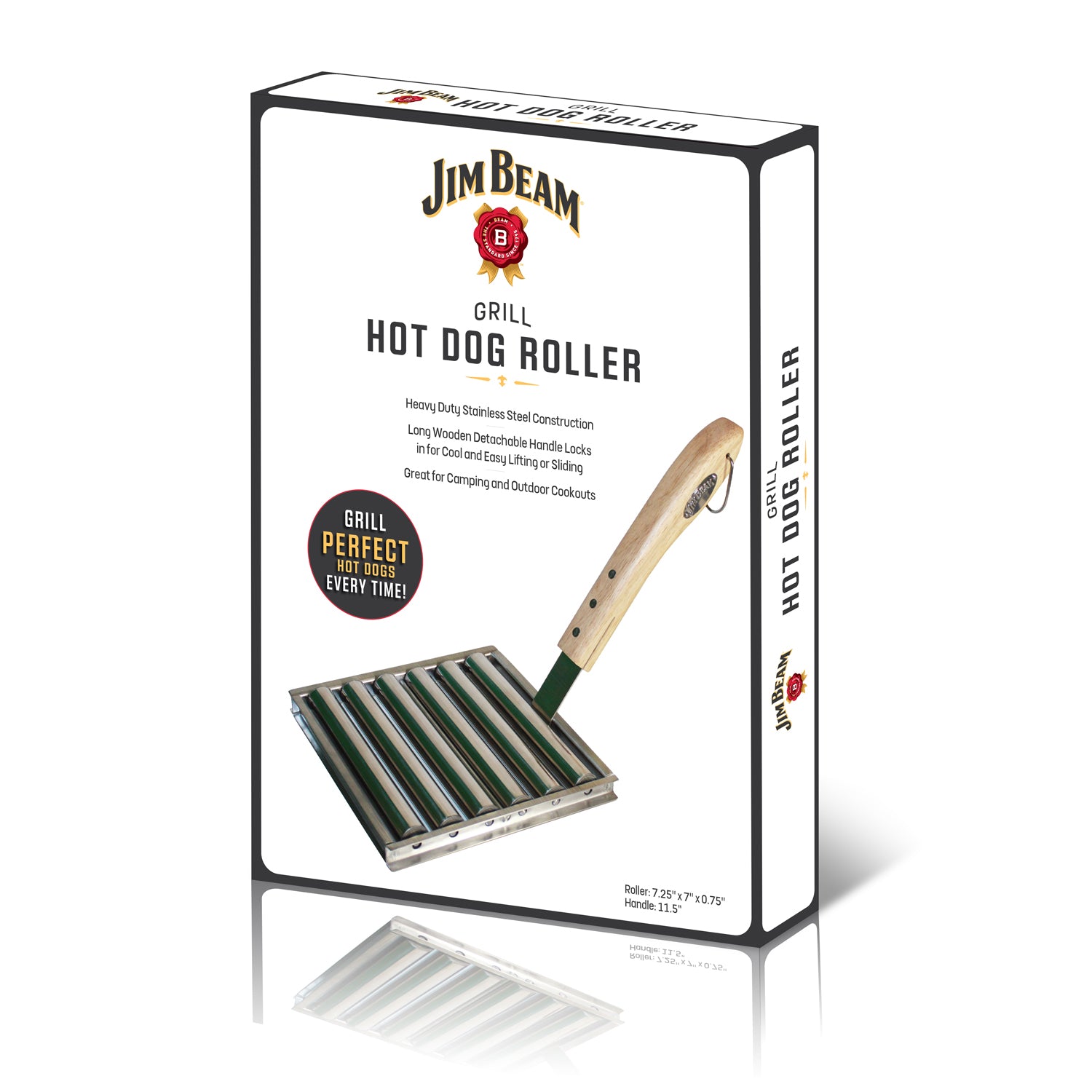 White box packaging showing picture of Jim Beam® stainless-steel grill hotdog roller with detachable wooden handle and product information.