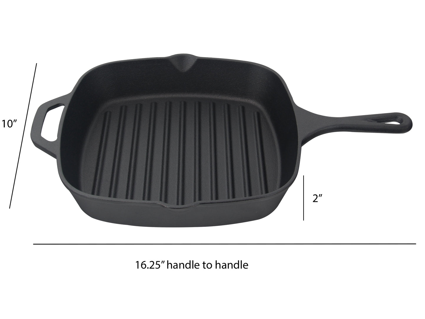 Jim Beam® black cast iron square grill pan with raised ridges and handle, featuring measurements indicating a 10-inch width, 2-inch depth, and 16.25-inch width from handle to handle.