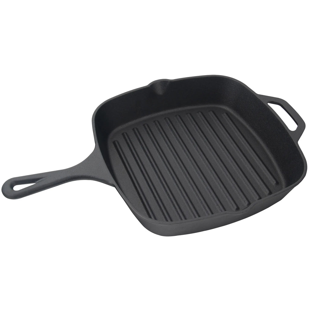 The Jim Beam Cast Iron Square Grill Pan is black with excellent heat retention, a ridged surface, long handle, and helper handle—ideal for grilling enthusiasts.