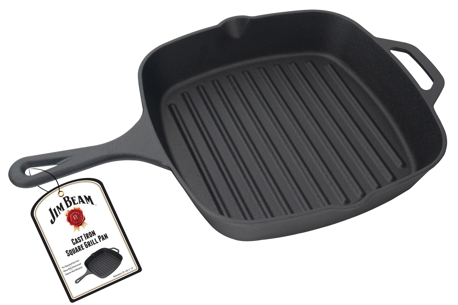 Jim Beam® black cast iron square grill pan with raised ridges and handle, includes a white label with product details.