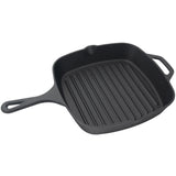 The Jim Beam Cast Iron Square Grill Pan is black with excellent heat retention, a ridged surface, long handle, and helper handle—ideal for grilling enthusiasts.