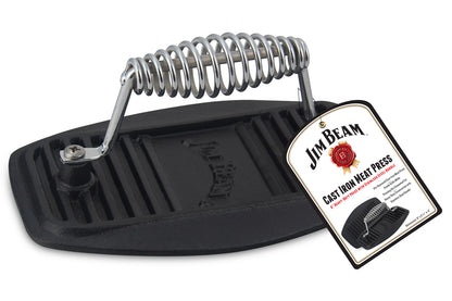 A Jim Beam® cast iron meat press with a coiled stainless steel handle, lying on a white background. The press has a ribbed surface and includes a white label with product details.