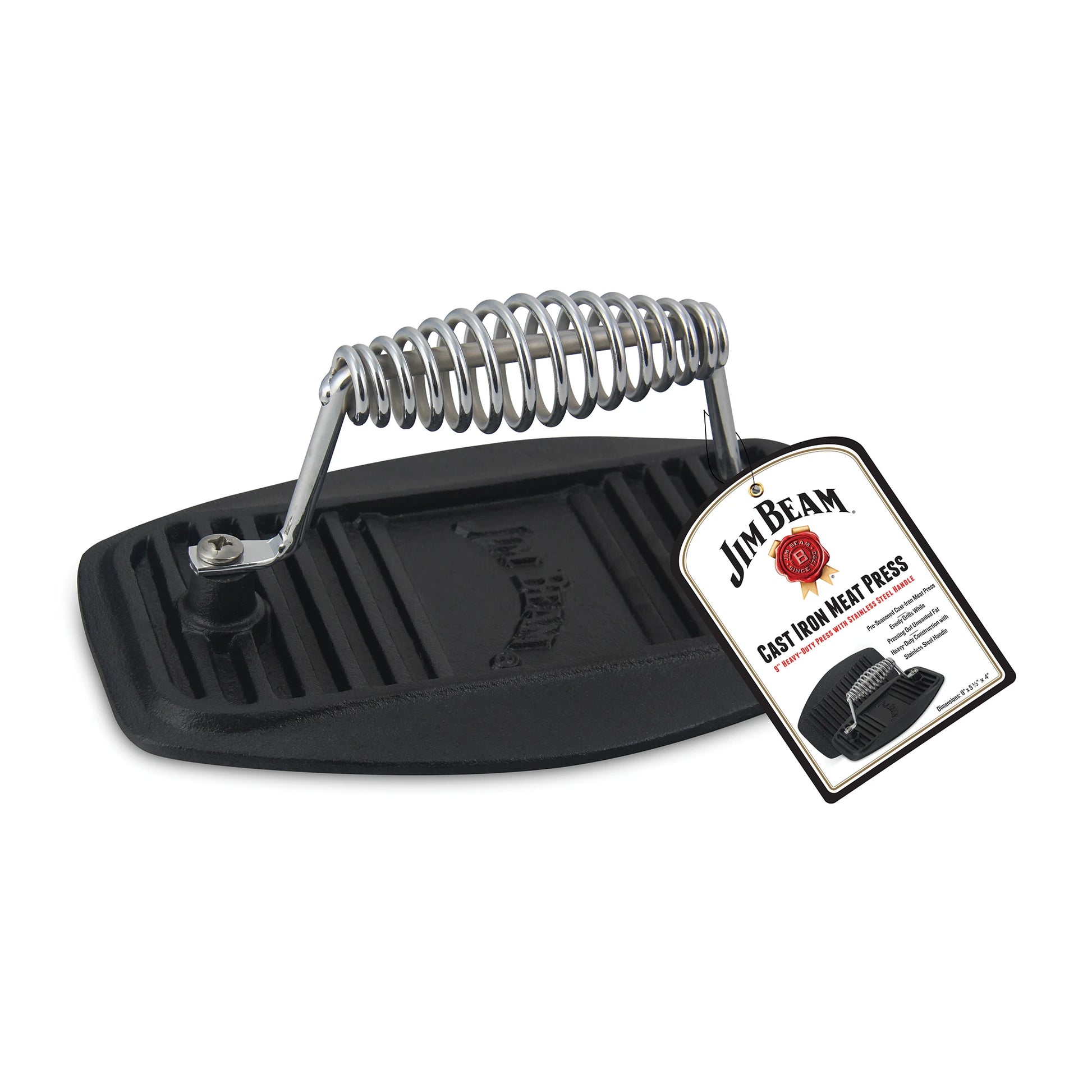 The Jim Beam Cast Iron Meat Press features a ridged base and coiled metal handle, making it ideal for grilling enthusiasts. Branded with the Jim Beam logo, its a durable tool for perfect grill marks every time.