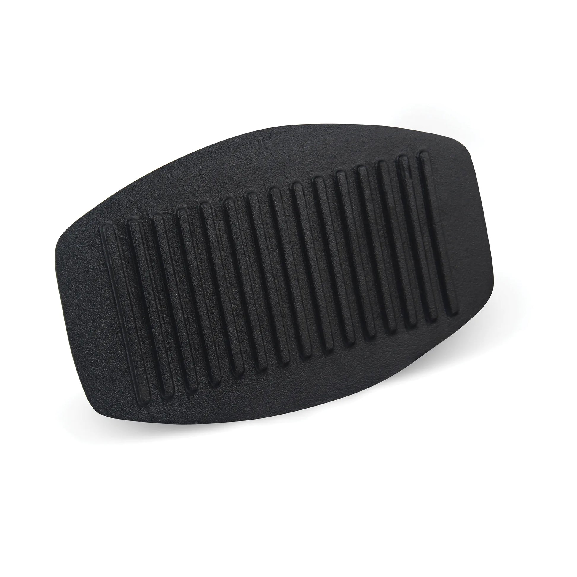 The Jim Beam Cast Iron Meat Press, a black, oval tool with raised parallel ridges, rests on a white backdrop—an essential heavy-duty accessory for grilling enthusiasts.