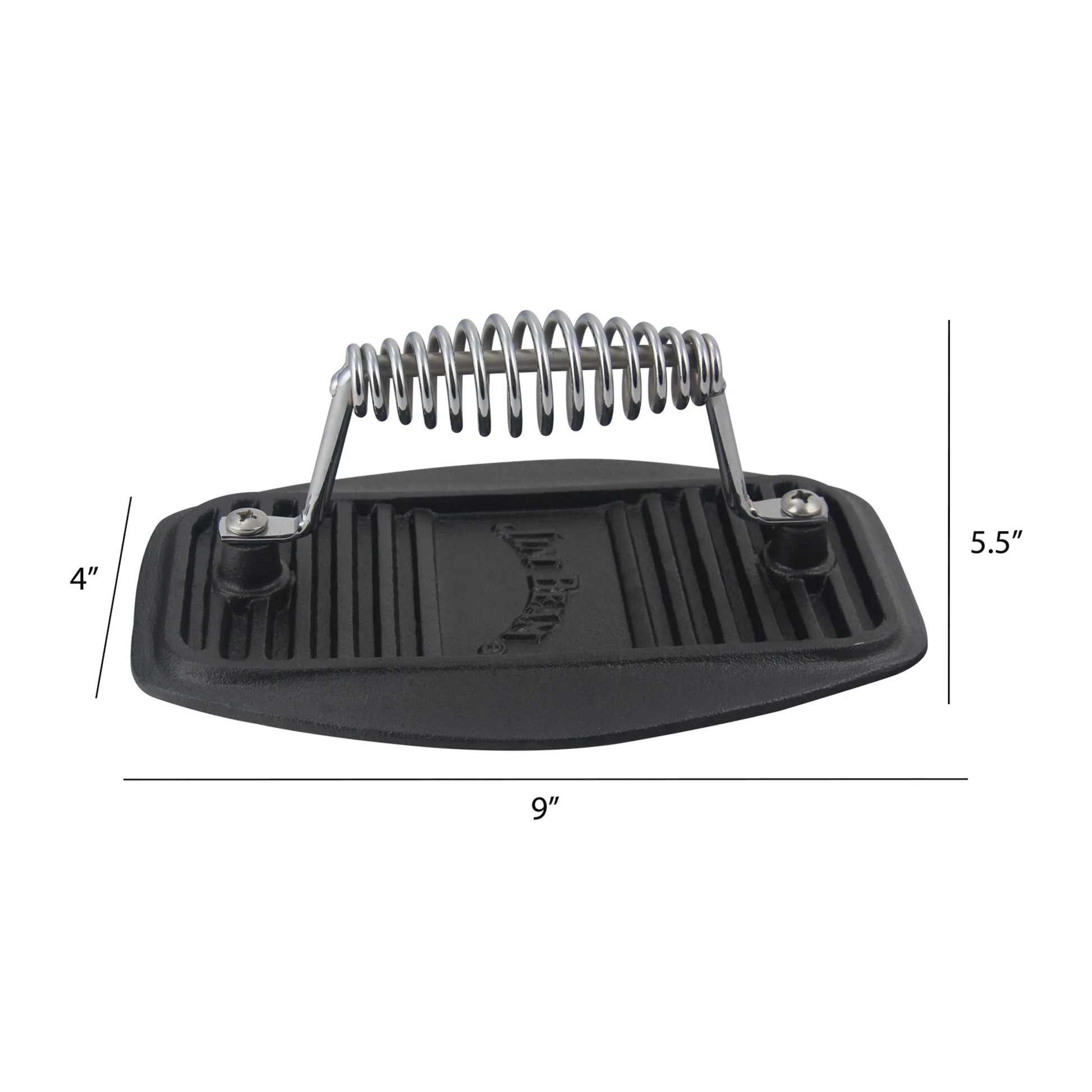 The Jim Beam Cast Iron Meat Press, featuring a metal coiled handle, is ideal for grilling. It measures 9 wide, 4 tall, and 5.5 deep—perfect for any BBQ enthusiast.