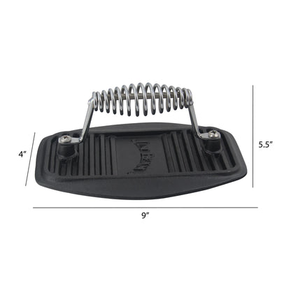 The Jim Beam Cast Iron Meat Press, featuring a metal coiled handle, is ideal for grilling. It measures 9 wide, 4 tall, and 5.5 deep—perfect for any BBQ enthusiast.
