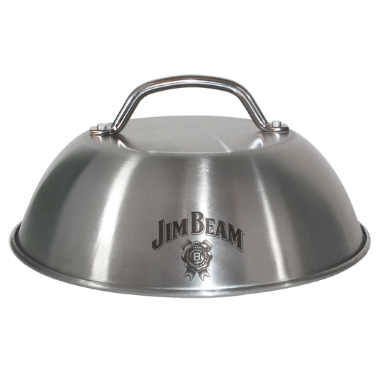 The Jim Beam Stainless Steel 9 Burger Dome features a top handle and branded logo, making it ideal for enhancing your grilling experience and evenly melting cheese on burgers.