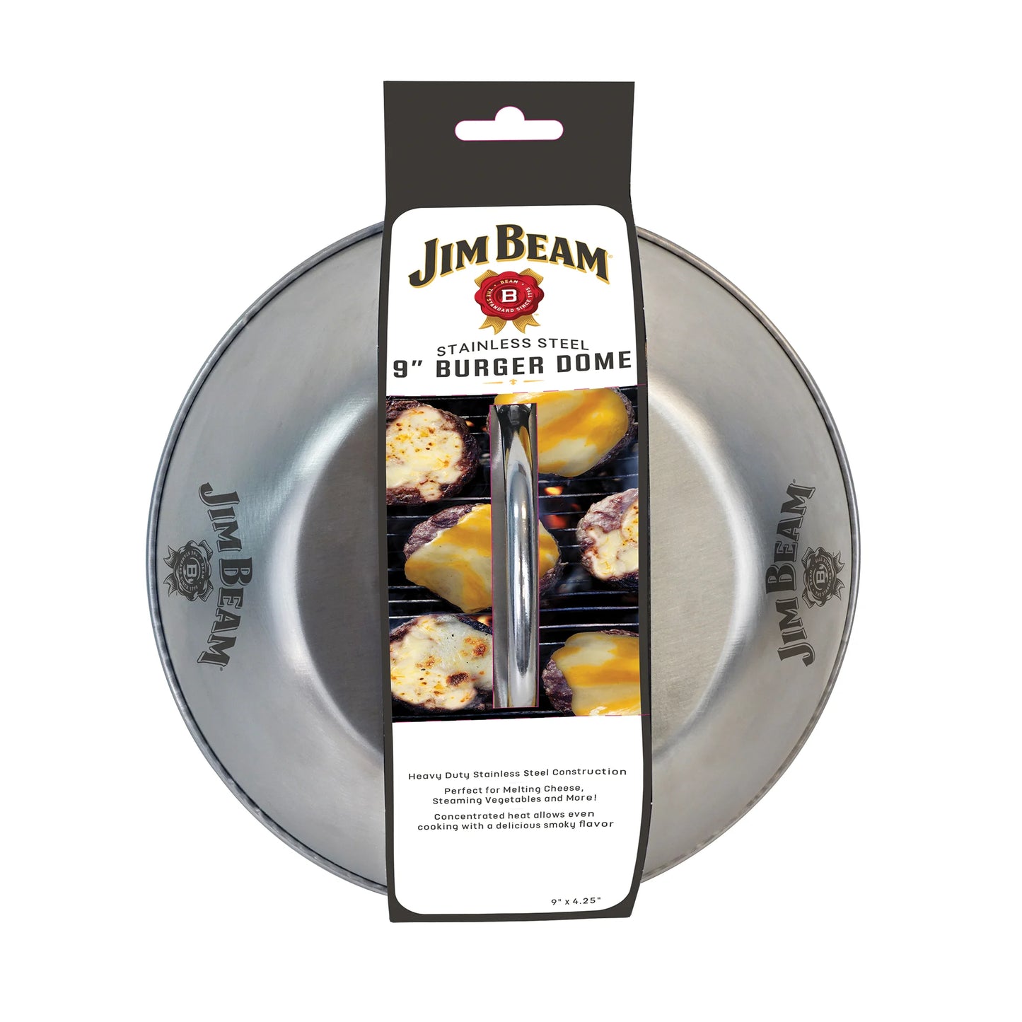 The Jim Beam Stainless Steel 9 Burger Dome features a handle and is ideal for melting cheese on burgers. Both the dome and label, which shows burgers with melted cheese, display the Jim Beam logo.