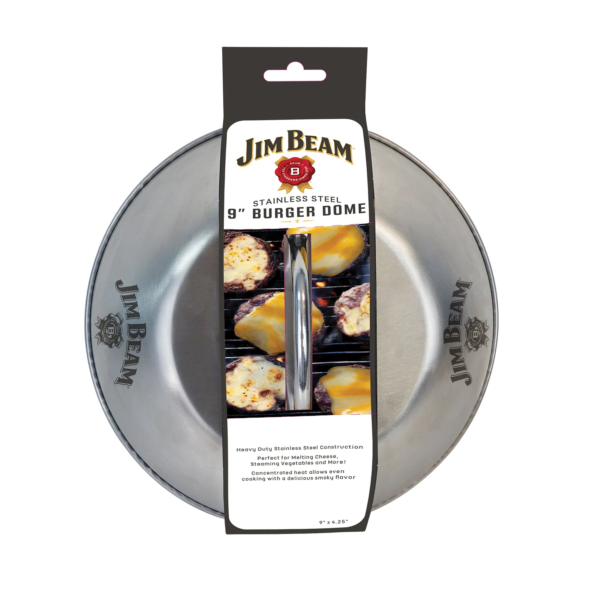 The Jim Beam Stainless Steel 9 Burger Dome features a handle and is ideal for melting cheese on burgers. Both the dome and label, which shows burgers with melted cheese, display the Jim Beam logo.