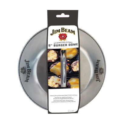The Jim Beam Stainless Steel 9 Burger Dome features a handle and is ideal for melting cheese on burgers. Both the dome and label, which shows burgers with melted cheese, display the Jim Beam logo.