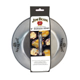 The Jim Beam Stainless Steel 9 Burger Dome features a handle and is ideal for melting cheese on burgers. Both the dome and label, which shows burgers with melted cheese, display the Jim Beam logo.