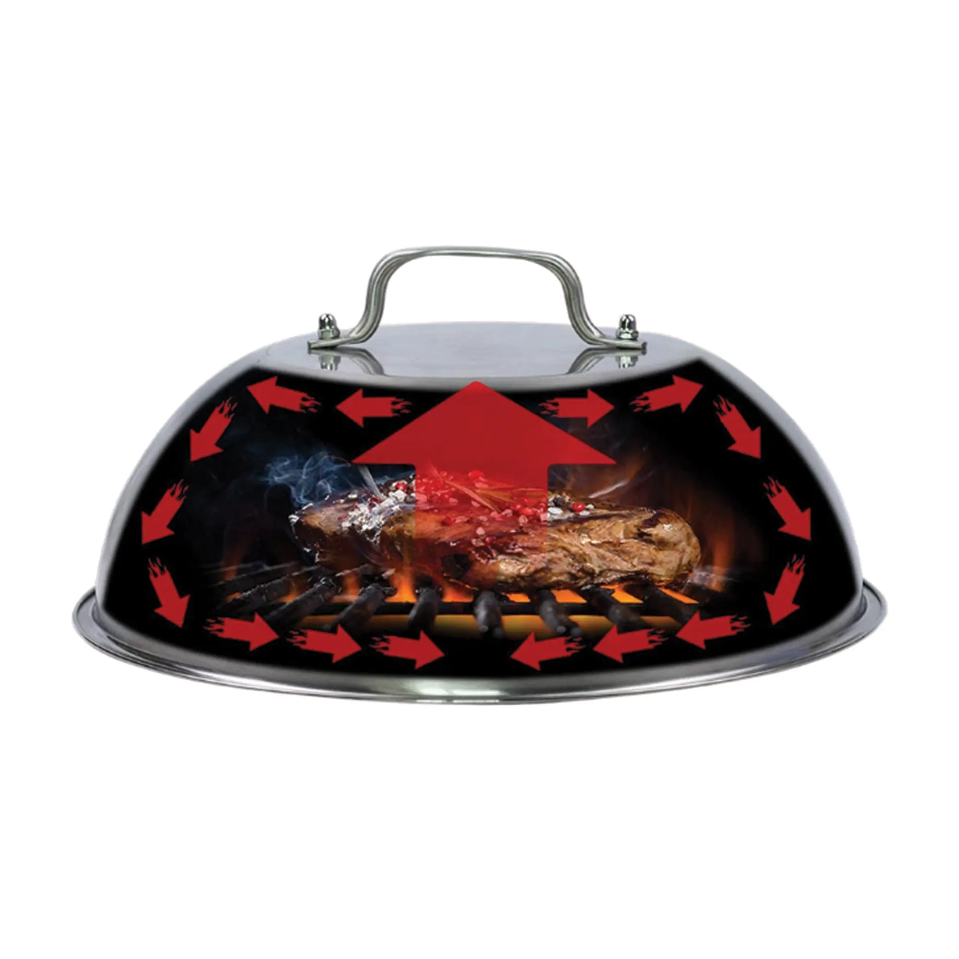 The Jim Beam Stainless Steel 9 Burger Dome by Jim Beam covers food on the grill, circulating heat and smoke inside to enhance your grilling experience. Red arrows show airflow, with a large arrow above illustrating heat rising.