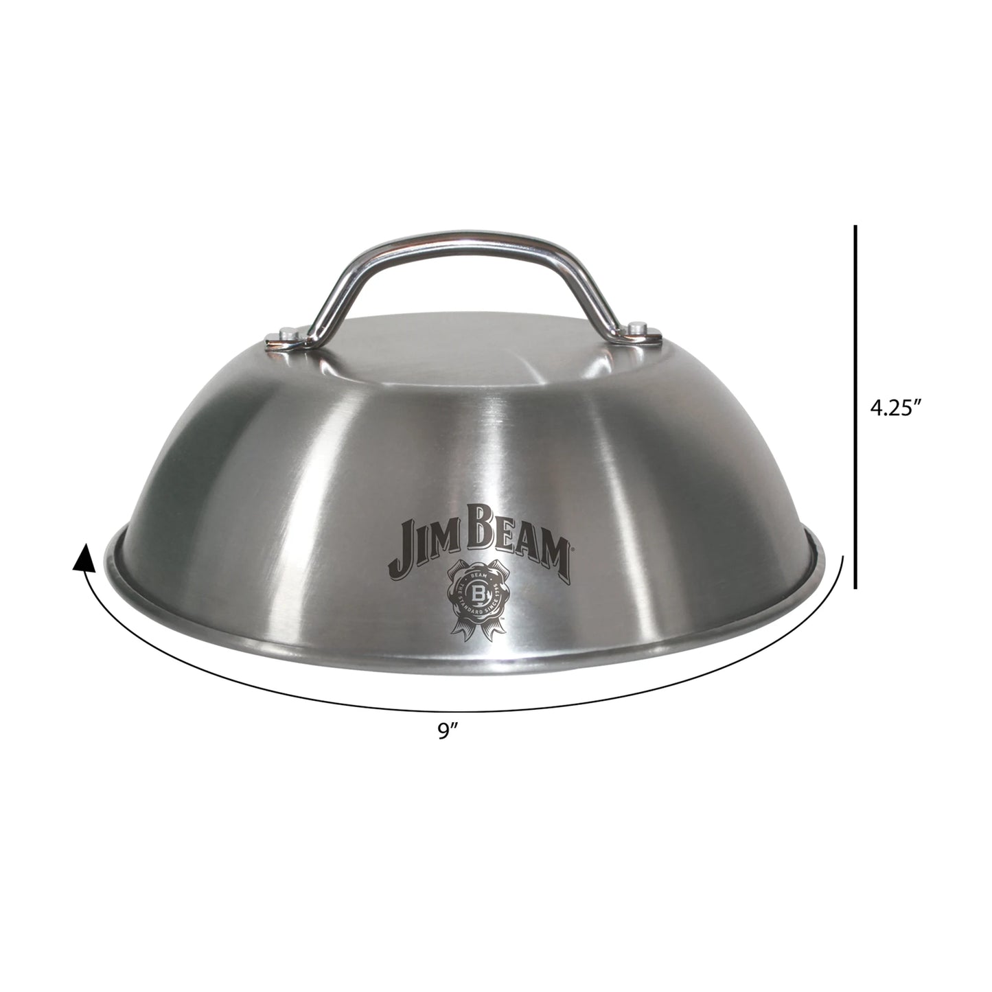 The Jim Beam Stainless Steel 9 Burger Dome features a top handle and branded logo. Ideal for melting cheese evenly and improving your grill experience. Measures 9 wide by 4.25 tall.