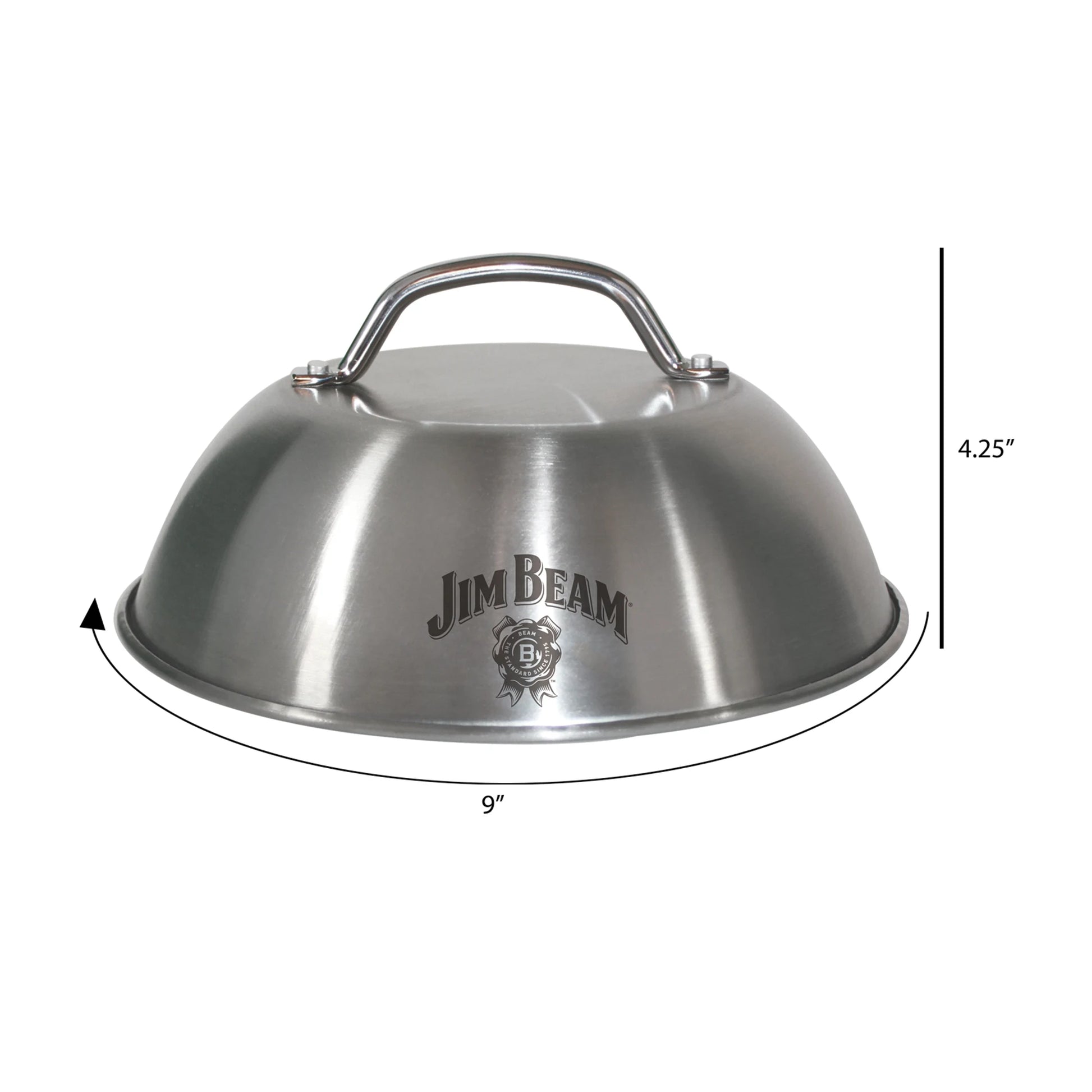 The Jim Beam Stainless Steel 9 Burger Dome features a top handle and branded logo. Ideal for melting cheese evenly and improving your grill experience. Measures 9 wide by 4.25 tall.
