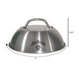 The Jim Beam Stainless Steel 9 Burger Dome features a top handle and branded logo. Ideal for melting cheese evenly and improving your grill experience. Measures 9 wide by 4.25 tall.
