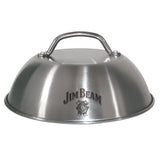 The Jim Beam Stainless Steel 9 Burger Dome features a top handle and branded logo, making it ideal for enhancing your grilling experience and evenly melting cheese on burgers.