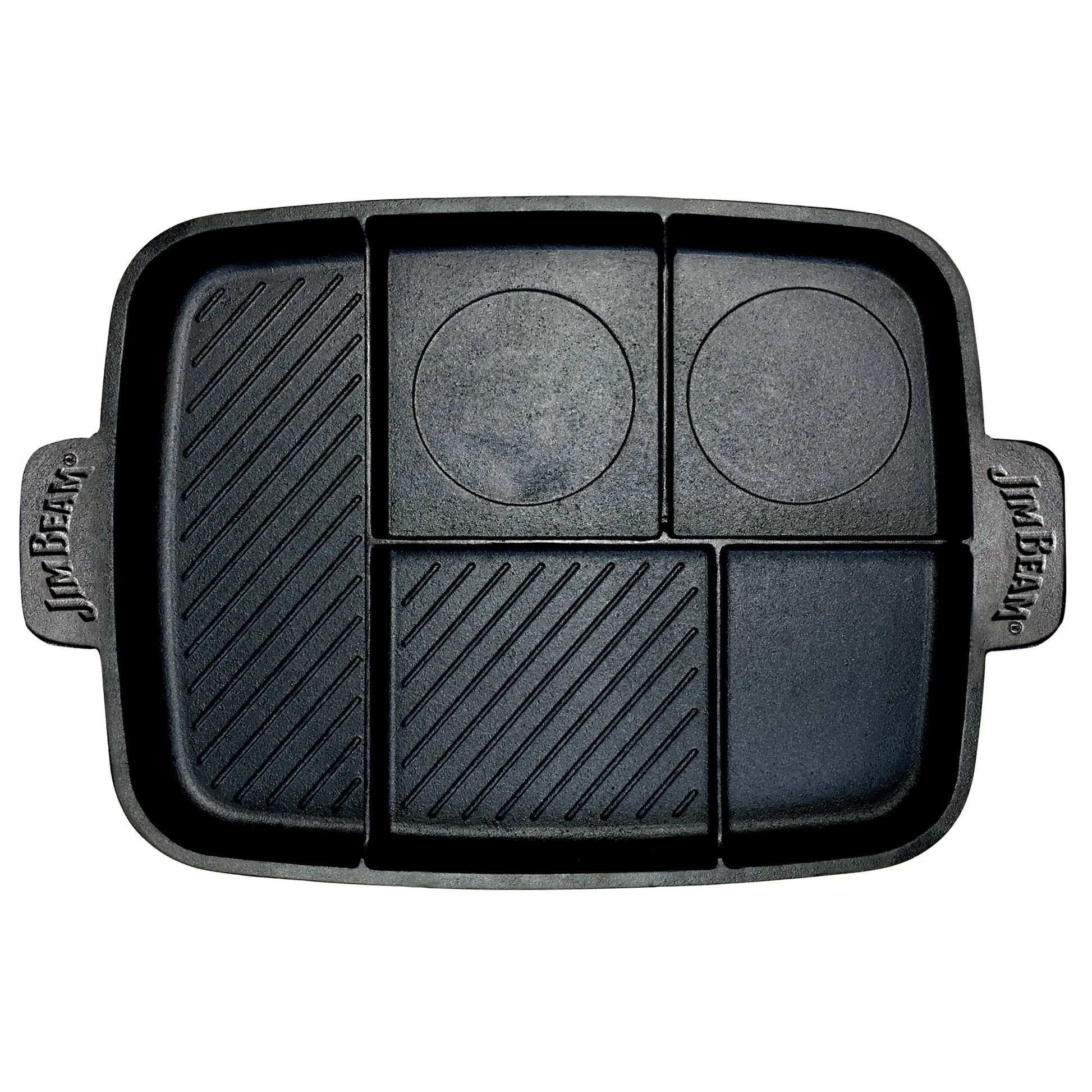 The Jim Beam Cast Iron 5-in-1 Skillet features four cooking areas—two round spaces, a ridged grill, a griddle, and a smooth section—with handles on each side labeled Jim Beam.