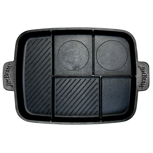 The Jim Beam Cast Iron 5-in-1 Skillet features four cooking areas—two round spaces, a ridged grill, a griddle, and a smooth section—with handles on each side labeled Jim Beam.