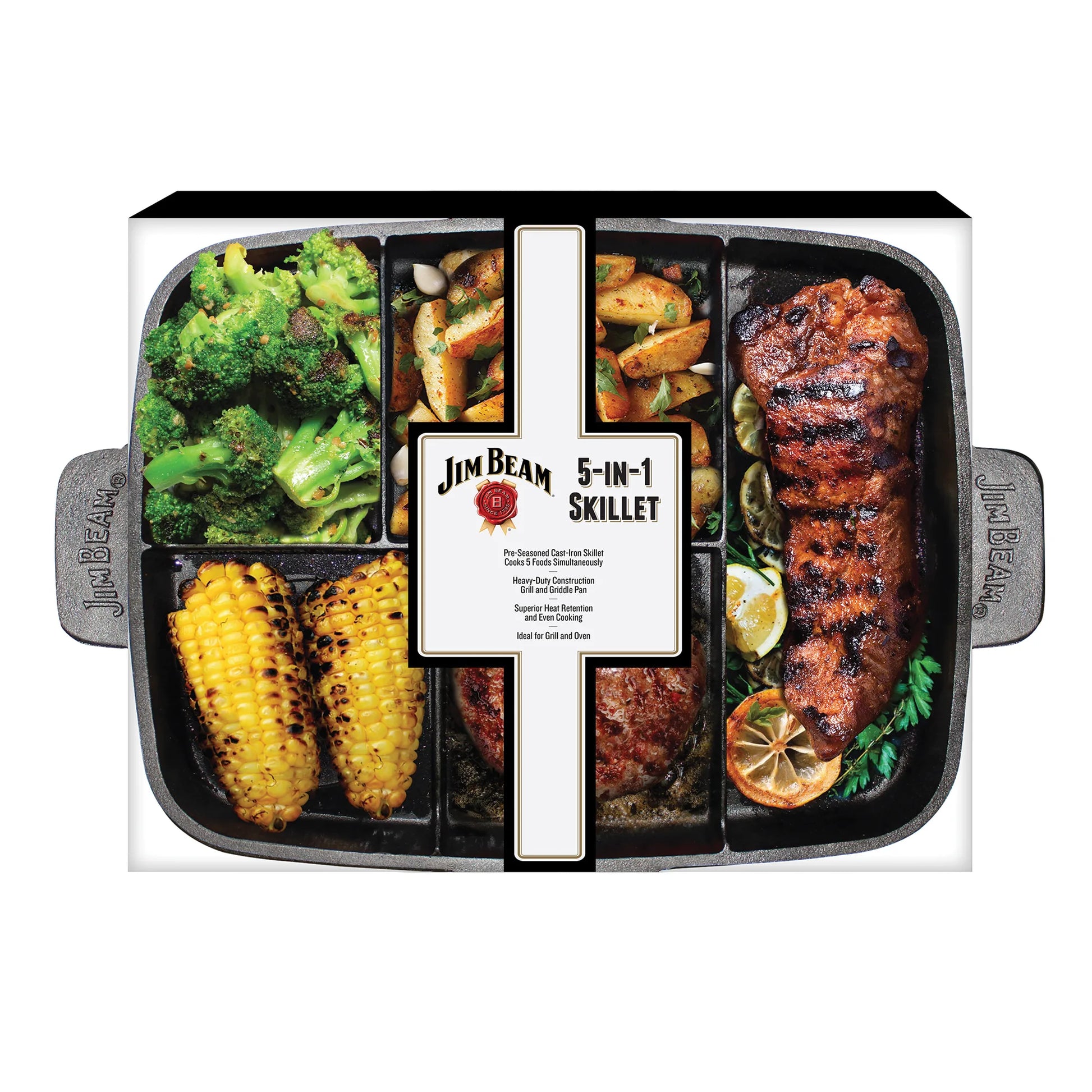 Top-down view of the Jim Beam Cast Iron 5-in-1 Skillet by Jim Beam, featuring five sections with grill and griddle surfaces, shown filled with grilled broccoli, roasted potatoes, corn on the cob, and ribs on lemon slices.