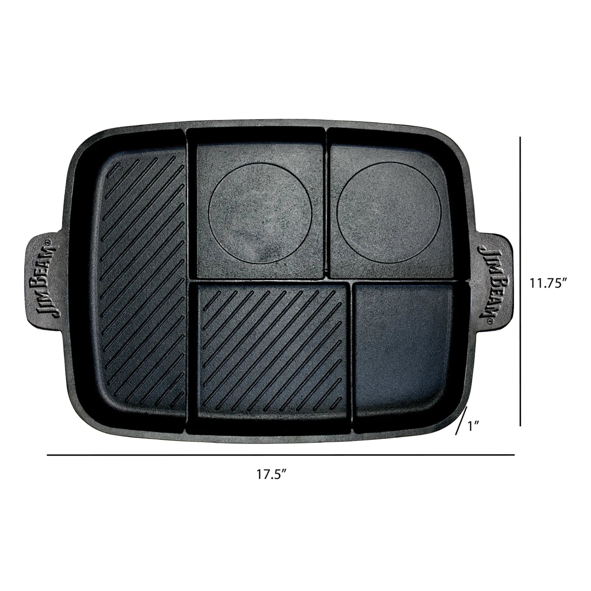 The Jim Beam Cast Iron 5-in-1 Skillet by Jim Beam features four sections—two round, one ridged, one flat—with grill and griddle surfaces. Handles are labeled “JustBeat.” Size: 17.5 W x 11.75 H x 1 D.