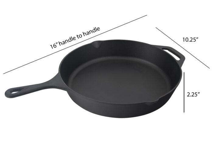 Jim Beam® Black Cast Iron 10.25" Skillet, with handle showing dimension 16" x 10.25" x 2.25".