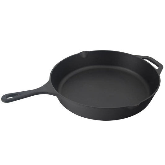 The Jim Beam Cast Iron 10.25 Skillet features a long handle and a helper handle, pre-seasoned for convenience—an enduring kitchen essential from Jim Beam, shown on a white background.