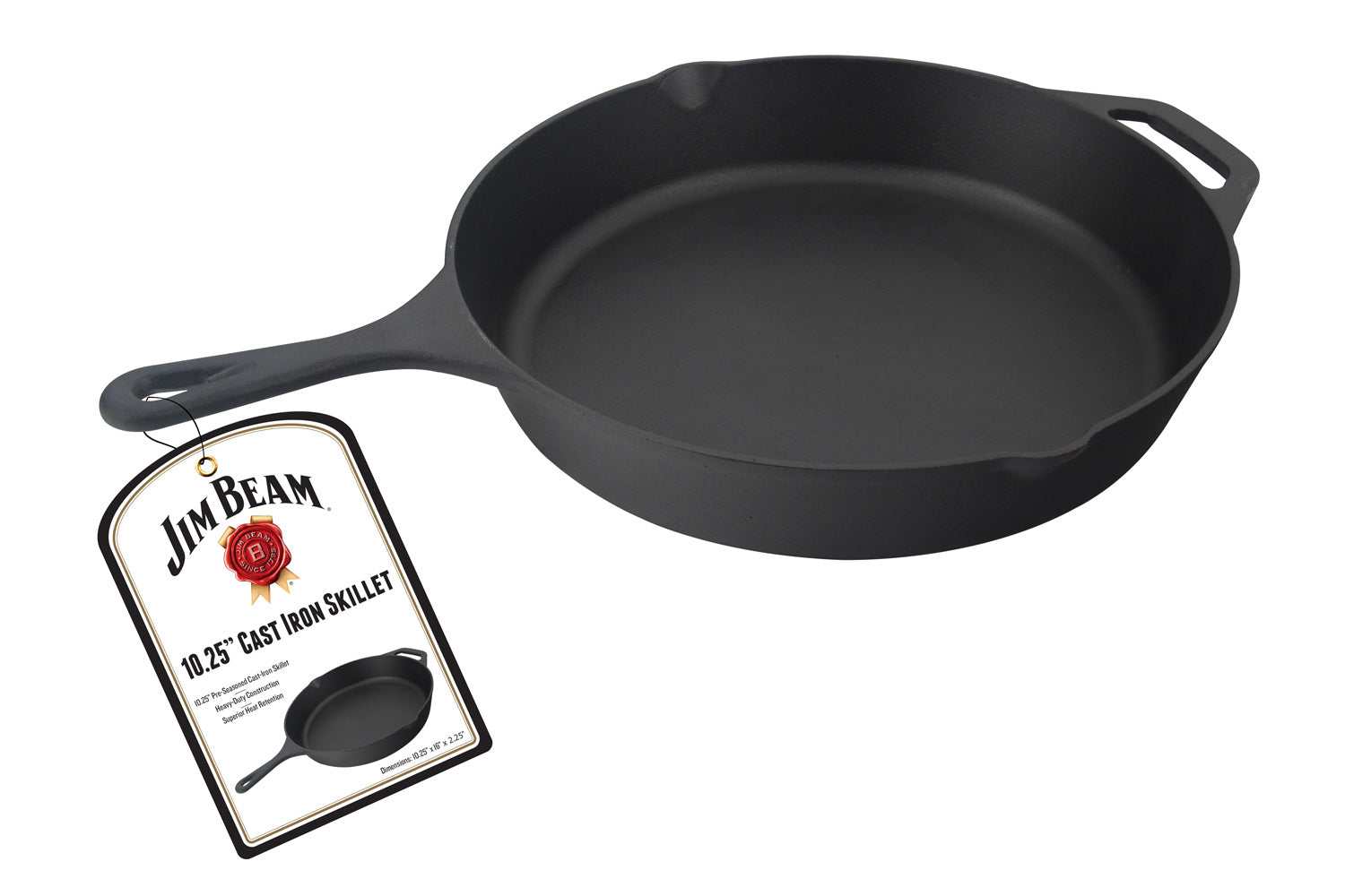 Jim Beam® Black Cast Iron 10.25" Skillet, with handle displaying white label on white background.