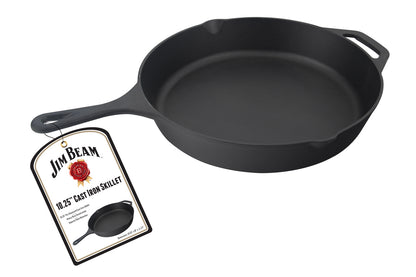 Jim Beam® Black Cast Iron 10.25" Skillet, with handle displaying white label on white background.