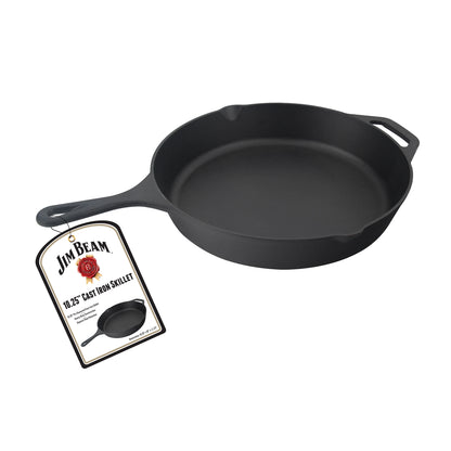 The Jim Beam Cast Iron 10.25 Skillet is a black pre-seasoned pan with two handles. The handle features a tag with the Jim Beam logo, red rose, and an image of this essential kitchen tool.