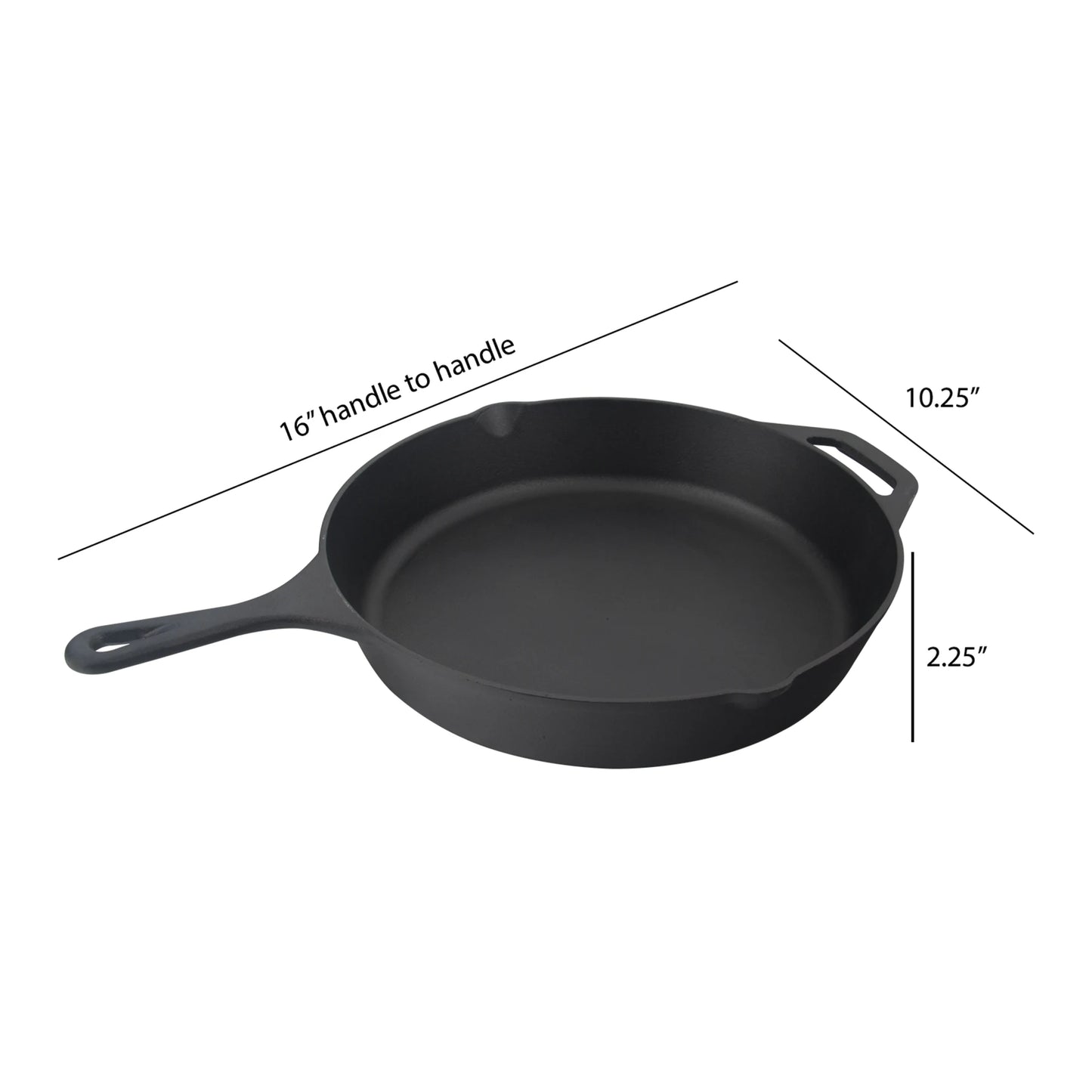 The Jim Beam Cast Iron 10.25 Skillet by Jim Beam is a pre-seasoned black skillet with a handle and side grip, measuring 16 handle to handle, 10.25 in diameter, and 2.25 high—a true kitchen essential.