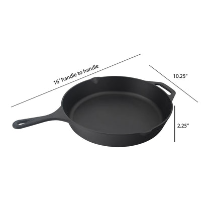 The Jim Beam Cast Iron 10.25 Skillet by Jim Beam is a pre-seasoned black skillet with a handle and side grip, measuring 16 handle to handle, 10.25 in diameter, and 2.25 high—a true kitchen essential.