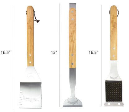 Three different Jim Beam® 3 Piece BBQ Tool Set with wooden handles showing dimensions of spatula 16.5” Long, tongs 15” long and grill brush 16.5” Long.