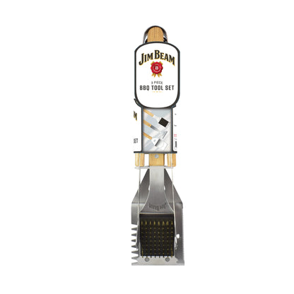 The Jim Beam 3-Piece BBQ Tool Set, featuring a wooden-handled grill brush with metal bristles, scraper, and tongs, is shown in its packaging against a white background.