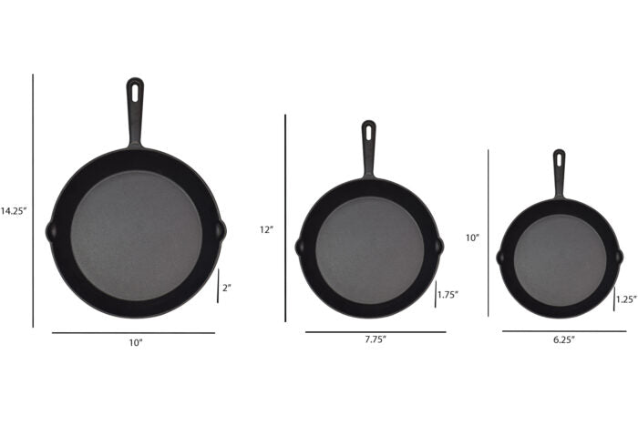 Jim Beam® Black Pre-Seasoned Cast Iron 3 Piece Skillet Set in 3 Different Sizes showing dimension small 6.25” x 10” x 1.25”, medium 7.75” x 12” x 1.75”, and large 10” x 14.25” x 2”.