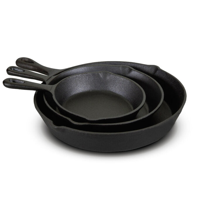 Jim Beam® Black Pre-Seasoned Cast Iron 3 Piece Skillet Set in 3 Different Sizes Small Medium and Large.