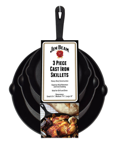 Jim Beam® Black Pre-Seasoned Cast Iron 3 Piece Skillet Set in 3 Different Sizes with label displaying on white background.