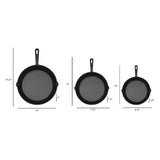 The Jim Beam Cast Iron 3 Piece Skillet Set includes pre-seasoned skillets in 10 (14.25x10x2), 7.75 (12x7.75x1.75), and 6.25 (10x6.25x1.25) sizes, each clearly labeled for easy identification.