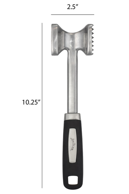 Jim Beam® dual side meat tenderizer with a dual head, one flat and one textured, measuring 10.25 inches in length and the head width 2.5 inches, featuring a black handle.