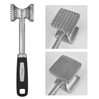 A collage of three images showing different angles of a Jim Beam® dual side meat tenderizer with a black handle and silver head, featuring both a flat and a textured pounding surface.