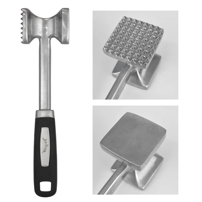 The Jim Beam Dual Side Meat Tenderizer by Jim Beam features a black handle and dual sides—one with pyramid-shaped points, the other flat. Its heavy-duty metal build ensures durability. Close-up images highlight each side’s design.