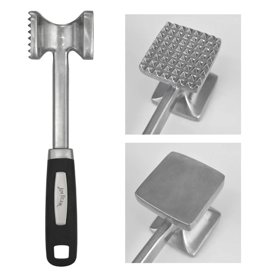 The Jim Beam Dual Side Meat Tenderizer by Jim Beam features a black handle and dual sides—one with pyramid-shaped points, the other flat. Its heavy-duty metal build ensures durability. Close-up images highlight each side’s design.