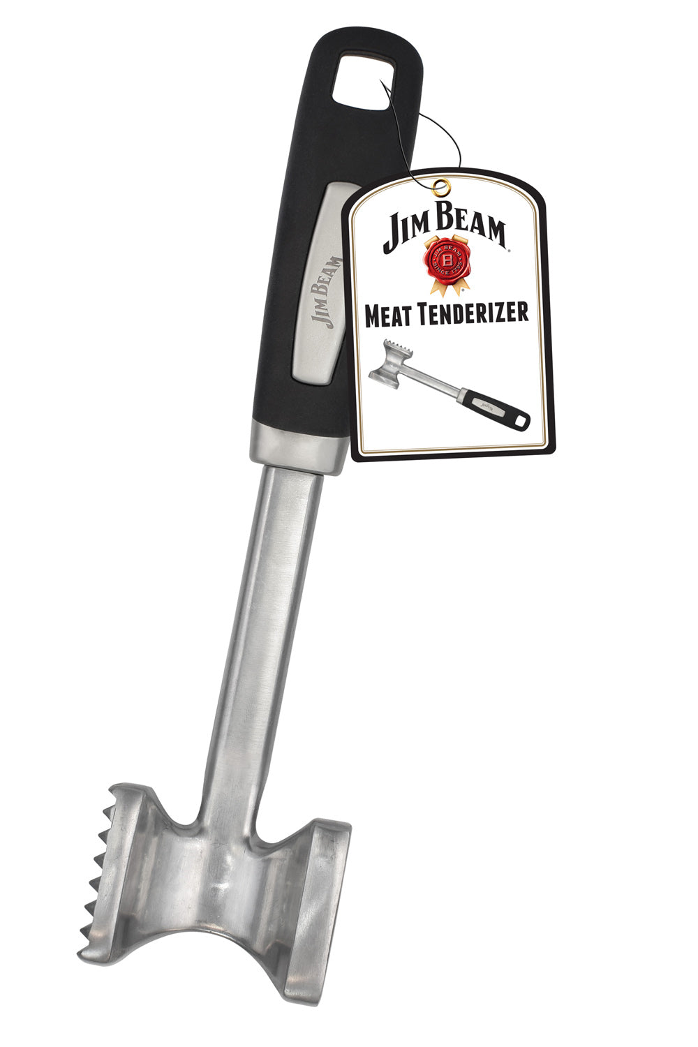 Jim Beam® dual side meat tenderizer with a dual head, one flat and one textured featuring a black handle, includes a white label with product type and brand name.