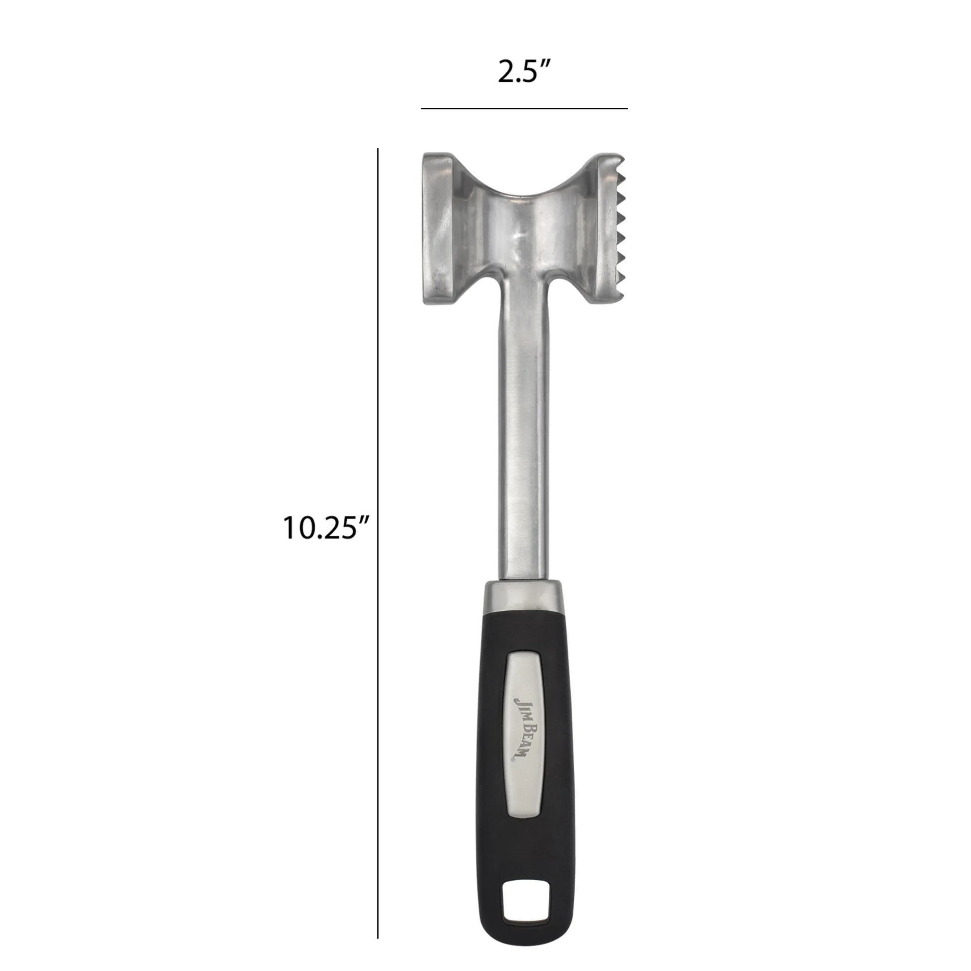 The Jim Beam Dual Side Meat Tenderizer by Jim Beam is shown vertically with a black handle. It measures 10.25 long and 2.5 at the head, featuring one flat and one textured side for versatile use.