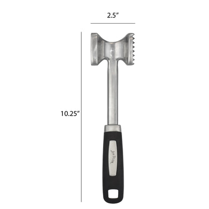 The Jim Beam Dual Side Meat Tenderizer by Jim Beam is shown vertically with a black handle. It measures 10.25 long and 2.5 at the head, featuring one flat and one textured side for versatile use.